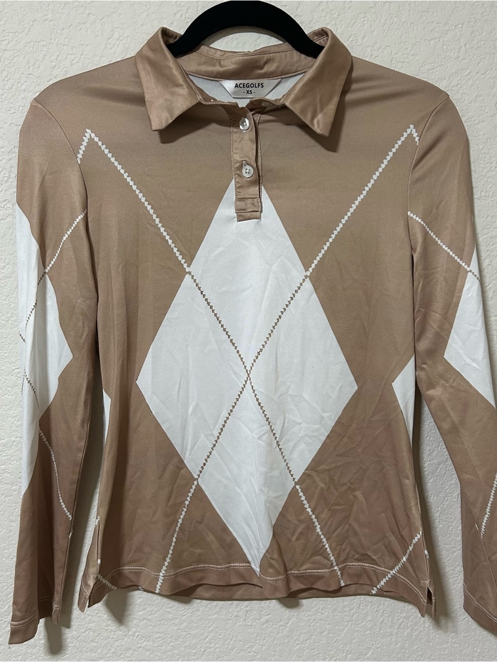Tan and White Long-Sleeve Polo Shirt